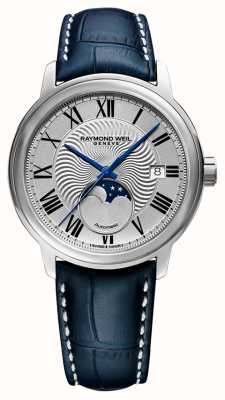 Raymond Weil Mostrador masculino maestro (40 mm) prateado com fases da lua / pulseira de couro azul 2239-STC-00659