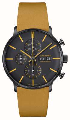 Junghans Forme um cronoscópio (42 mm) com mostrador preto e amarelo / pulseira de couro amarela 27/4372.01