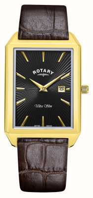 Rotary Mostrador retangular preto ultrafino (28,5 mm) masculino / pulseira de couro marrom GS08023/04