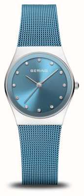 Bering Mostrador azul clássico feminino (27 mm) / pulseira de malha de aço inoxidável azul 12927-308