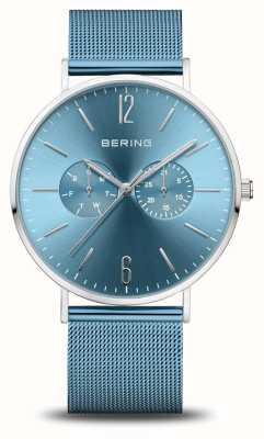 Bering Mostrador sunray azul prateado polido clássico (40 mm) / malha de aço inoxidável azul 14240-809