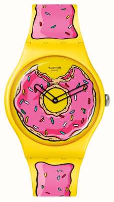Swatch X os simpsons segundos de doçura (41 mm) mostrador com estampa de donut / pulseira de silicone com estampa de glacê SO29Z134
