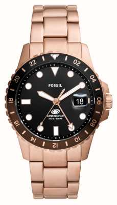 Fossil Mostrador preto azul (42 mm) / pulseira em aço inoxidável em tom de ouro rosa FS6027