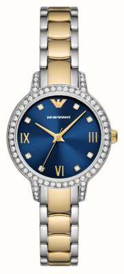 Emporio Armani Mostrador azul feminino (32 mm) / pulseira em aço inoxidável de dois tons AR11576