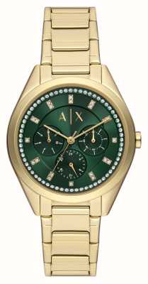 Armani Exchange Mostrador verde feminino (38 mm) / pulseira em aço inoxidável dourado AX5661
