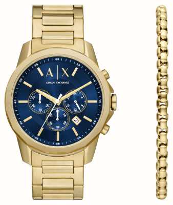 Armani Exchange Conjunto de presente masculino (44 mm) mostrador azul / pulseira de aço inoxidável dourado com pulseira combinando AX7151SET