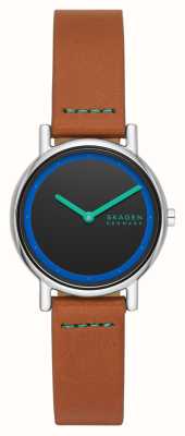 Skagen Signatur lille feminino (30 mm) mostrador preto / pulseira de couro marrom SKW3116