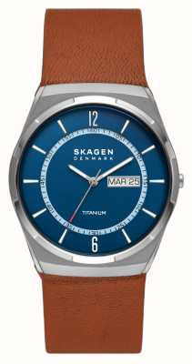 Skagen Mostrador azul melbye titânio (40 mm) masculino / pulseira de couro marrom SKW6906