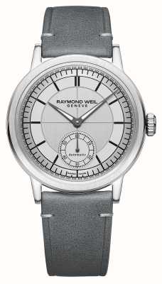Raymond Weil Mostrador automático Millesime de pequenos segundos (39,5 mm) prateado / pulseira de couro de bezerro cinza 2930-STC-65001