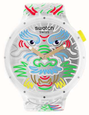 Swatch Mostrador com padrão prateado dragão em nuvem (47 mm) / pulseira de silicone com padrão SB05Z102