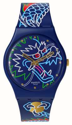 Swatch Mostrador dragão em ondas (34 mm) com padrão azul / pulseira de silicone com padrão azul SO28Z125