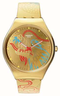 Swatch Dragão em ouro (38 mm) mostrador com padrão dourado / pulseira de silicone com padrão dourado SYXZ104