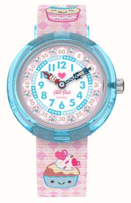 Flik Flak Asse para crianças (31,85 mm) mostrador branco e rosa / pulseira de tecido com padrão de bolo rosa FBNP219