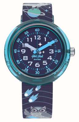 lik Flak Kid's leve-me ao espaço (31,85 mm) mostrador azul / pulseira de tecido com padrão espacial azul FPNP141
