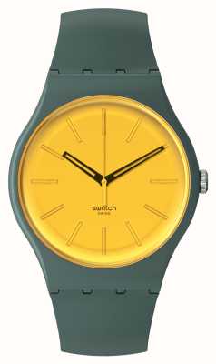 Swatch Mostrador amarelo ouro no jardim (41 mm) / pulseira verde de origem biológica SO29G103