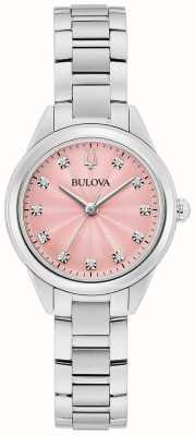 Bulova Sutton diamante quartzo (28 mm) mostrador rosa pastel / pulseira de aço inoxidável 96P249