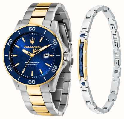 Maserati Conjunto de presente de pulseira e relógio de competição masculino (43 mm) mostrador azul / pulseira de aço inoxidável de dois tons R8873600007
