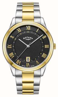 Rotary Vestido data quartzo (40,5 mm) mostrador preto carvão / pulseira de aço inoxidável de dois tons GB05391/10
