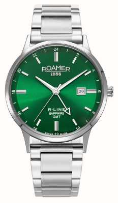 Roamer Mostrador verde R-line gmt (43 mm) / pulseira intercambiável em aço inoxidável e pulseira em couro preto 990987 41 75 05