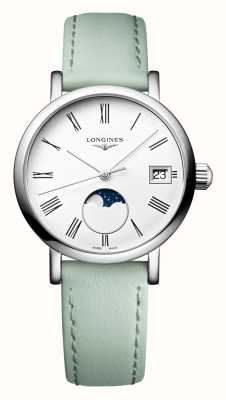 LONGINES A elegante coleção Longines Moonphase Quartz (30 mm), mostrador branco fosco / pulseira de couro verde menta L43304110