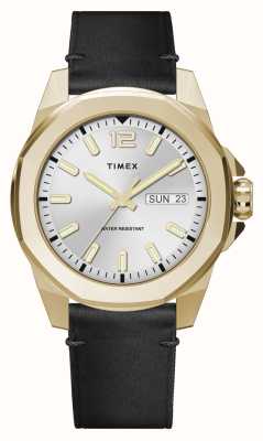 Timex Essex ave day-date (46 mm) mostrador prateado / pulseira de couro preta TW2W43200