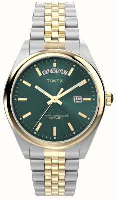 Timex Mostrador legado day-date (41 mm) verde sunray/pulseira em aço inoxidável de dois tons TW2W42800