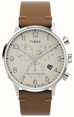 Timex Cronógrafo clássico Waterbury (40 mm) mostrador creme / pulseira de couro marrom TW2W50900