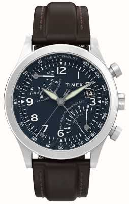 Timex Cronógrafo fly-back tradicional Waterbury (42 mm), mostrador azul / pulseira de couro marrom TW2W47900