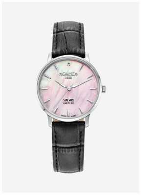 Roamer Valais feminino (32 mm) mostrador em madrepérola rosa / conjunto de pulseira em couro preto e malha de aço 989847 41 10 05