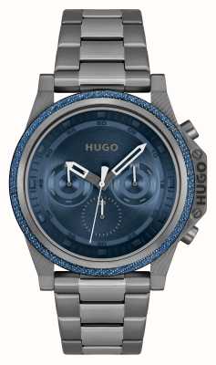 HUGO Mostrador azul masculino #brave (46 mm) / pulseira de aço inoxidável cinza 1530350