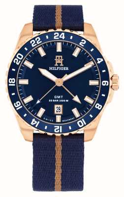 Tommy Hilfiger Mostrador azul th85 gmt (42 mm) masculino / pulseira de tecido oceano maré azul 1792130
