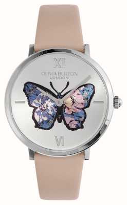 Olivia Burton Mostrador borboleta prateado exclusivo (35 mm) / pulseira de couro rosa 24000145