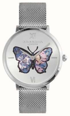 Olivia Burton Assinatura borboleta (35 mm) mostrador borboleta prateado / pulseira de malha de aço inoxidável 24000146
