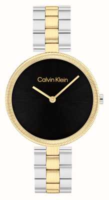 Calvin Klein Mostrador preto brilhante feminino (32 mm) / pulseira em aço inoxidável de dois tons 25100012