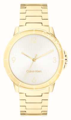 Calvin Klein Mostrador branco vivaz feminino (36 mm) / pulseira em aço inoxidável dourado 25100023