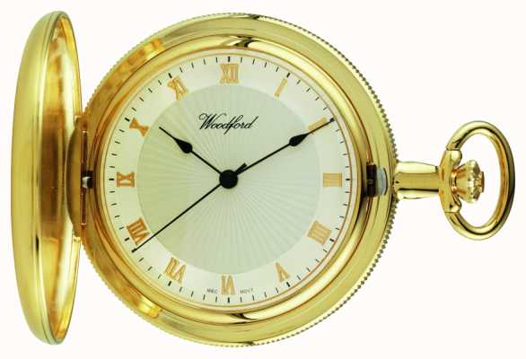 Woodford Relógio de bolso com mostrador branco caçador com placa de ouro 1053