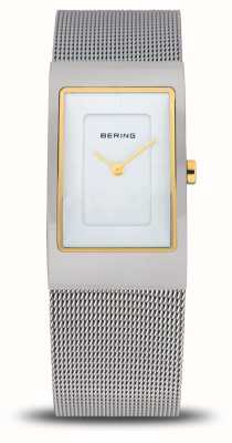 Bering Mostrador retangular branco clássico feminino (22 mm) / pulseira de malha de aço inoxidável 10222-010-S