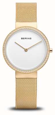 Bering Relógio feminino clássico (31 mm) com mostrador branco e pulseira em malha de aço dourado 14531-330