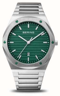 Bering Mostrador clássico masculino (42 mm) verde/pulseira em aço inoxidável 19742-708
