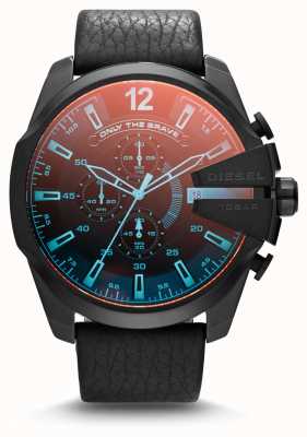 Diesel Relógio masculino mega chefe preto ip aço couro preto iridescente DZ4323