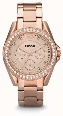 Fossil Riley das mulheres | mostrador de ouro rosa | conjunto de cristal | pulseira de aço inoxidável de ouro rosa ES2811