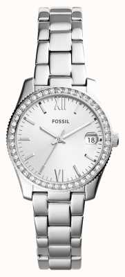 Fossil escarlate das mulheres | mostrador de prata | conjunto de cristal | pulseira de aço inoxidável ES4317