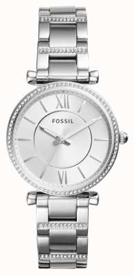 Fossil carriça feminina | mostrador de prata | conjunto de cristal | pulseira de aço inoxidável ES4341