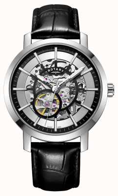 Rotary Relógio masculino de esqueleto com pulseira de couro preto greenwich GS05350/02