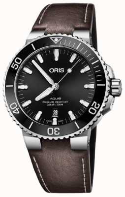 ORIS Aquis data automático (43,5 mm) mostrador preto / pulseira de couro marrom 01 733 7730 4134-07 5 24 10EB