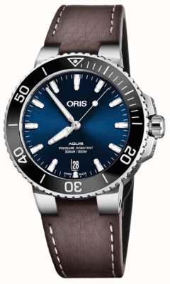 ORIS Aquis data automático (39,5 mm) mostrador azul / pulseira de couro marrom 01 733 7732 4135-07 5 21 10FC