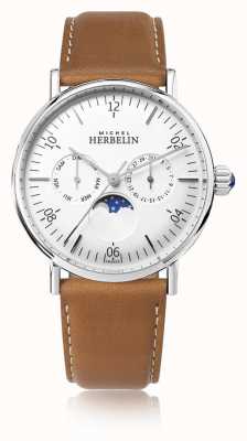Herbelin Montre inspiração moonphase pulseira de couro marrom mostrador branco 12747/AP11GO