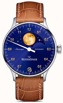 MeisterSinger Lunascope | mostrador azul | pulseira de couro marrom LS908G
