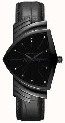 Hamilton Quartzo Ventura (32 mm) mostrador preto / pulseira de couro preta H24401731
