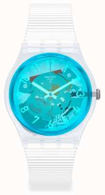 Swatch Retro-bianco | pulseira de silicone branca | mostrador azul transparente GW215